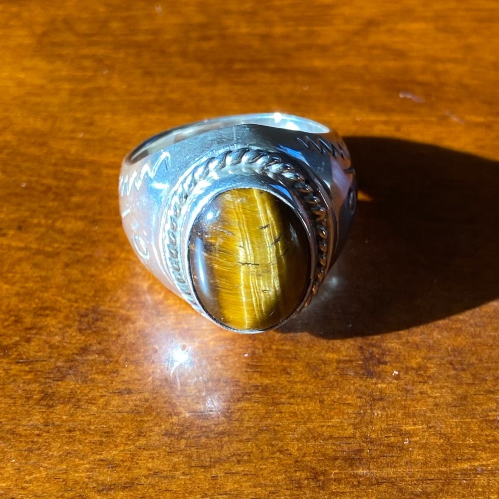 Mexico Silver Sterling Tiger Eye Size 14 Men’s Ring - Picture 3 of 9